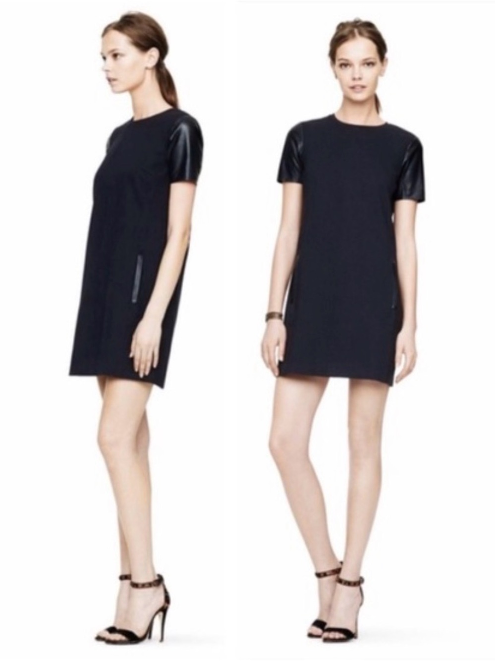 EUC - Club Monaco Black Short-Sleeve Shift Dress with Faux Leather Sleeves